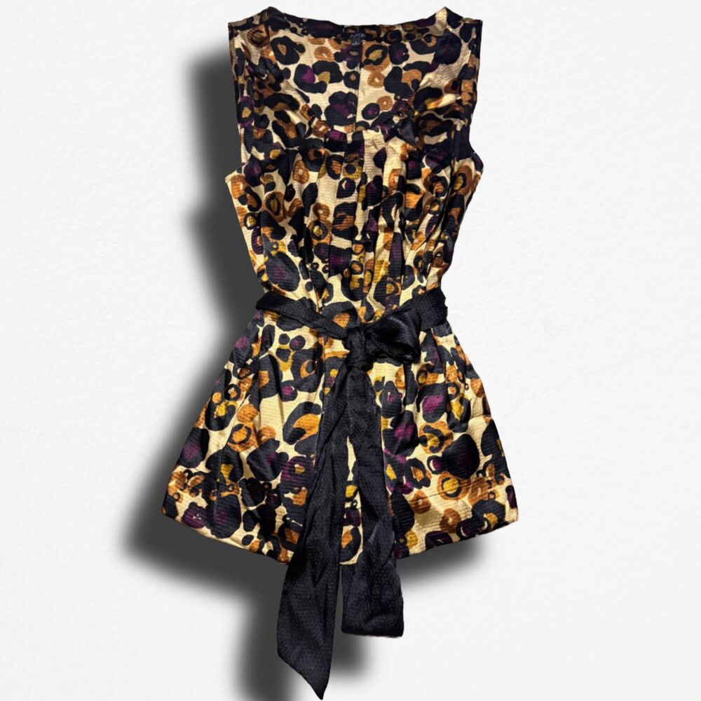 Size L Vintage Y2K Apt. 9 Leopard Print Satin Peplum Top w/ Black Ribbon Sash